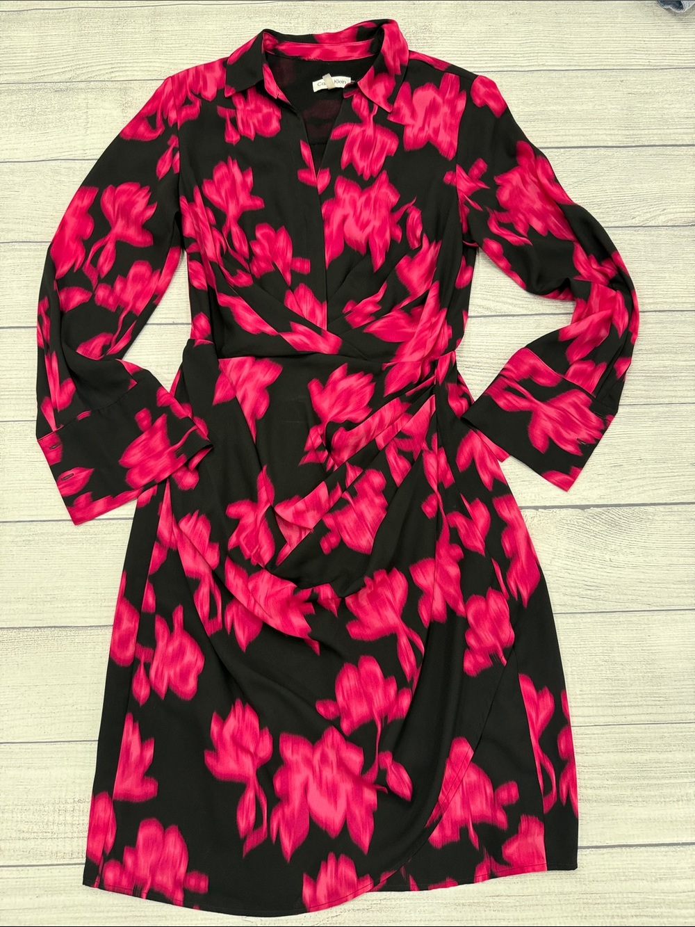 Calvin Klein Floral Faux Wrap Sheath Dress Pink Black Size 8 Career